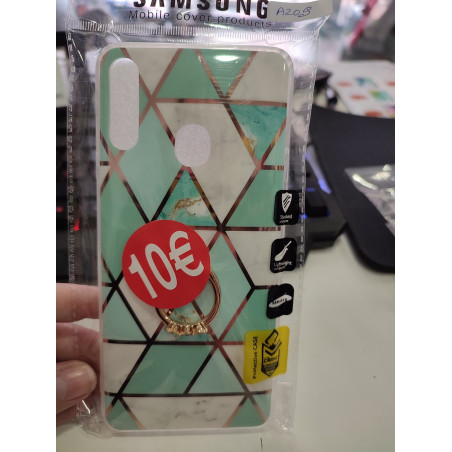 FUNDA PARA SAMSUNG GALAXY A20S Con anillo dorado y rombos verdes y blancos