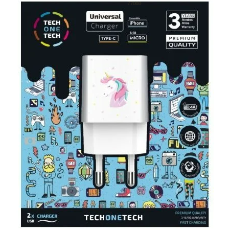 Cargador de Pared Tech One Tech Unicornio Dream/ 2xUSB/ 2.4A/ Blanco