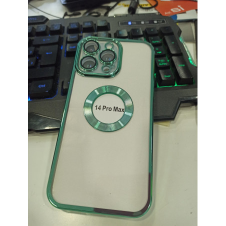 Funda para iPhone 14 Pro Max TRANSPARENTE CON BRODE VERDE PLATEADO