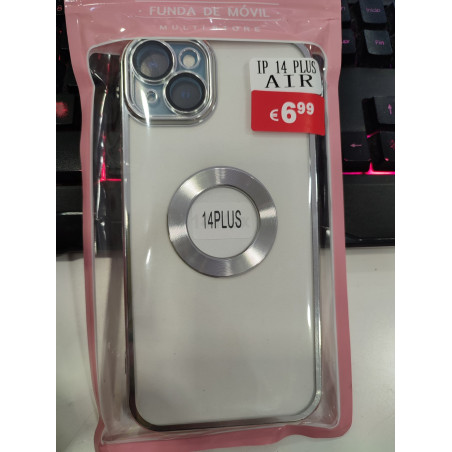 iPhone 14 Plus transparente y plateado con logo  abierto