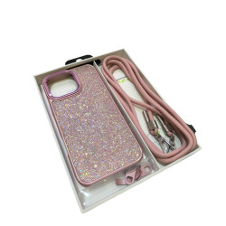 Funda con cuerda para iPhone 16 Pro Max con brillo Rosa
