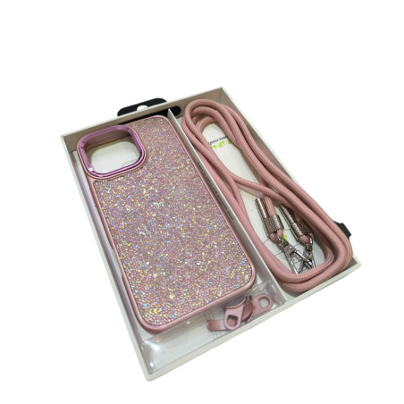 Funda con cuerda para iPhone 16 Pro Max con brillo Rosa