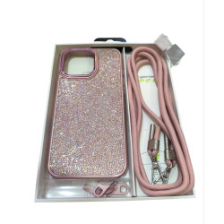 Funda con cuerda para iPhone 16 Pro Max con brillo Rosa