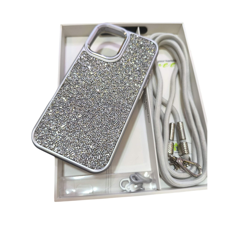 Funda para iPhone 16 brillo + Cuerda color plata