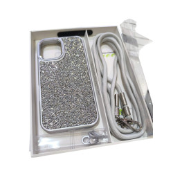 Funda para iPhone 16 brillo + Cuerda color plata