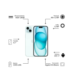 Apple iPhone 15, Azul, 128 GB, 5G, 6.1" OLED Super Retina XDR, Chip A16