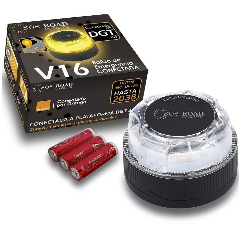 Luz baliza de emergencia para coche SOS Road Connected EL2024 V16/ Homologada/ Base Imantada/ Geolocalizable/ Funciona a Pilas