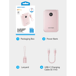 Powerbank 20000mAh Vention FKBP0-C/ 22.5W/ Rosa/ Incluye Cable USB Tipo-C