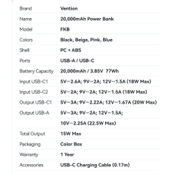 Powerbank 20000mAh Vention FKBP0-C/ 22.5W/ Rosa/ Incluye Cable USB Tipo-C