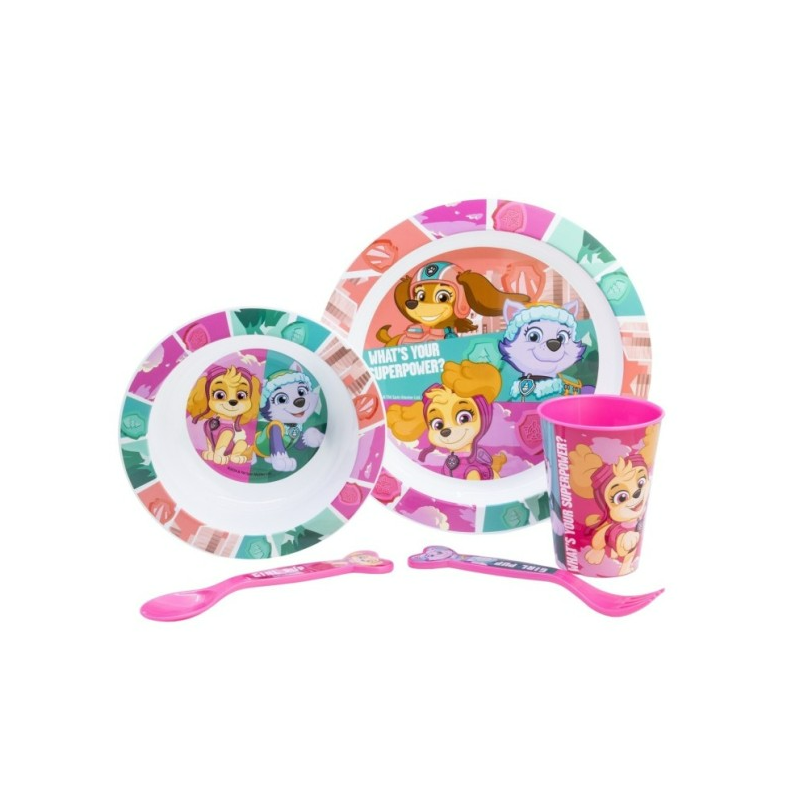 SET MICRO 5 PCS (PLATO, CUENCO, VASO Y CUBIERTOS) EN CAJA PAW PATROL GIRL SUPERPOWERS