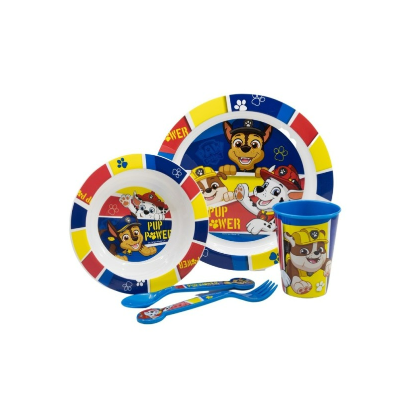 SET MICRO 5 PCS (PLATO, CUENCO, VASO 260 ML Y CUBIERTOS) PAW PATROL PUP POWER