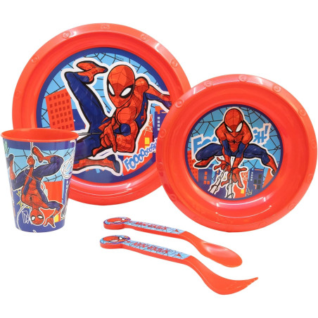 Juego de vajilla infantil reutilizable de 5 piezas: taza, plato, tazón y cubiertos de Spiderman.