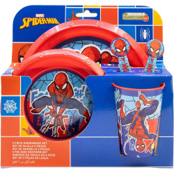 Juego de vajilla infantil reutilizable de 5 piezas: taza, plato, tazón y cubiertos de Spiderman.