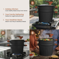 Cacerola Royal Swiss de 24 cm - Olla para cuscús de 6,5 L • Apta para inducción y todo tipo de cocinas  color negro
