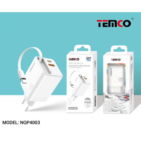 Cargador de Red USB/Tipo C + Tipo C Retractil 40W