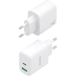 Cargador de Pared GaN Aisens A110-0971/ 1xUSB Tipo-C/ 1xUSB/ 45W/ Blanco
