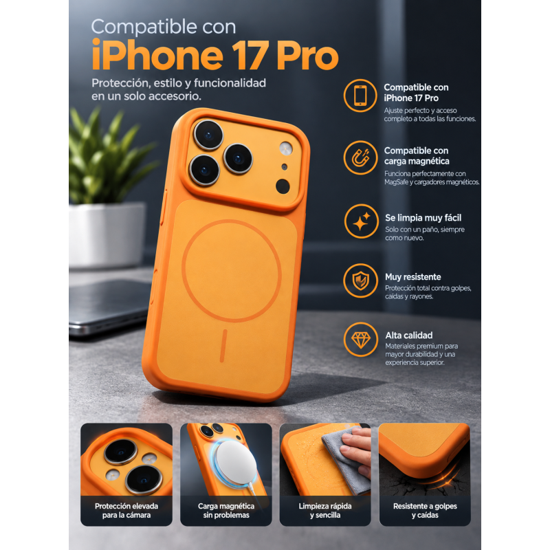 Funda para iPhone 17 Pro color naranja (soporta carga inalámbrica)
