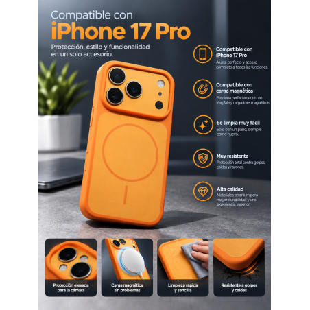 Funda para iPhone 17 Pro color naranja (soporta carga inalámbrica)