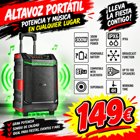 ALTAVOZ PREMIUM PORTÁTIL DE 300W COMPATIBLE CON TEC. BLUETOOTH/ USB/AUX. BATERÍA RECARGABLE. IPX6.