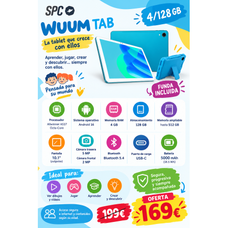 Tablet SPC WUUM TAB 4/128 GB con funda - Pantalla mate 10, 1", SPC Circles, 5000 mAh y Android 16