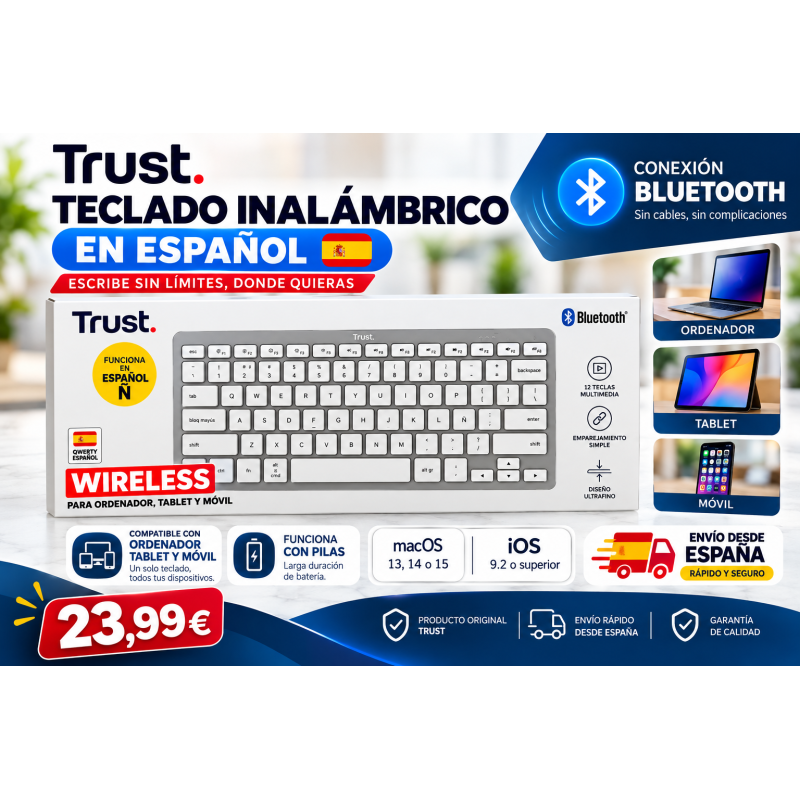 Teclado Compacto Inalámbrico Trust 24654/ Plata