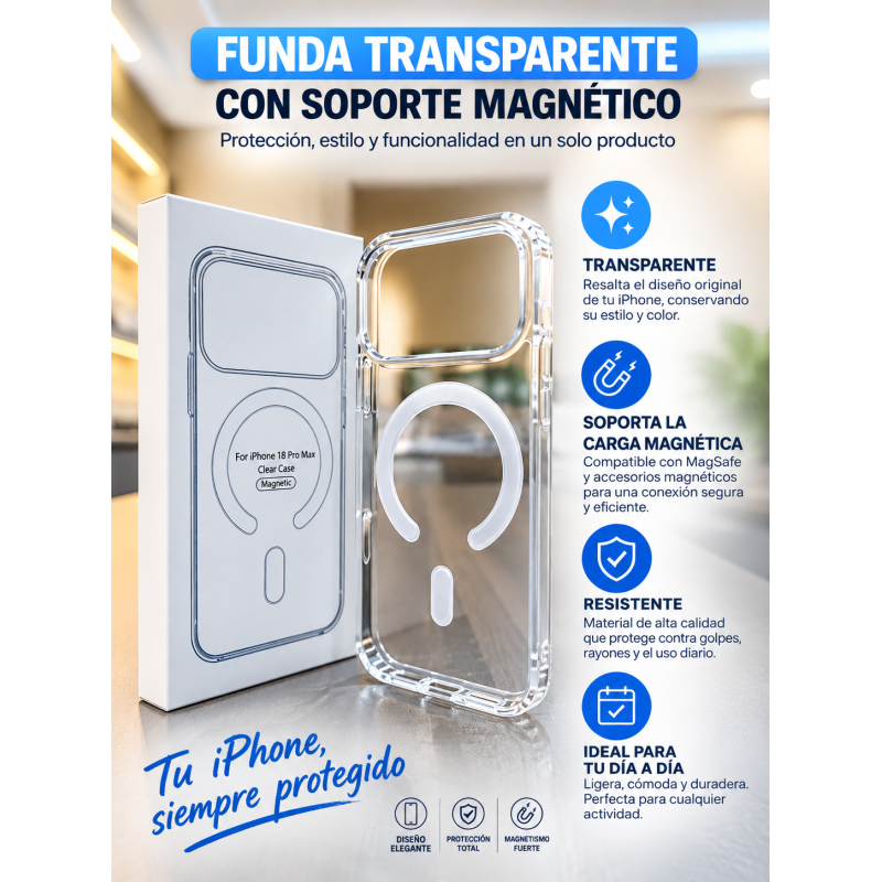 Funda compatible con iPhone 18 Pro MAX TRANSPARENTE soporta carga inalambrica